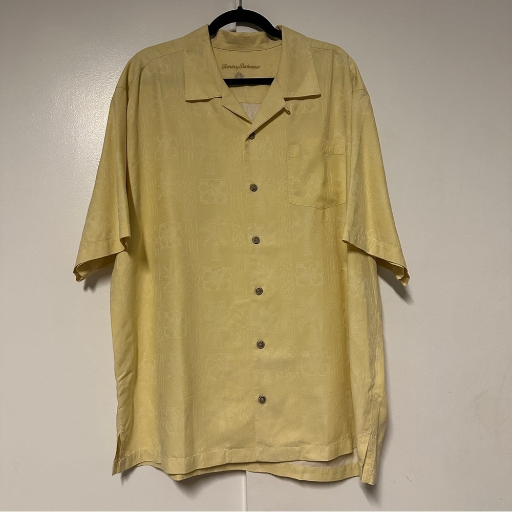 Tommy Bahama Silk Short Sleeve Hawaiian Yellow Button Down Shirt Size XL
